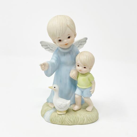 Vintage Angels Unlimited Blue Guardian Angel w Boy Duck Figurine 1985 Sanmyro - Picture 1 of 7